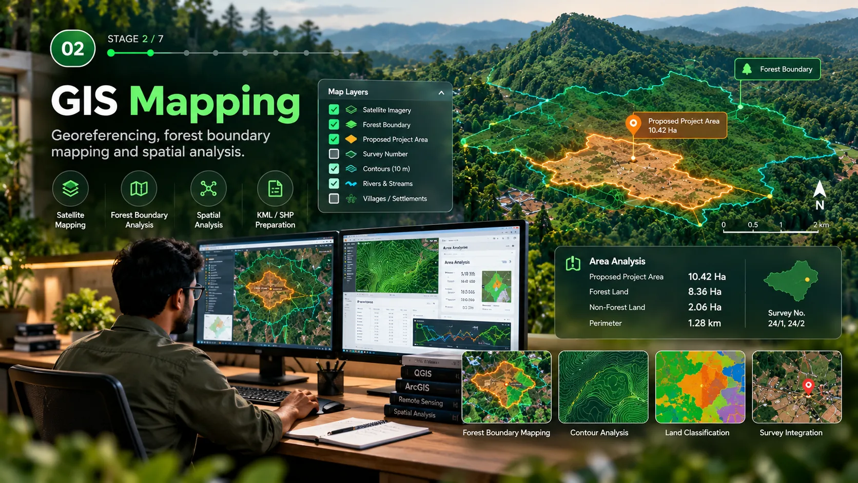 GIS analyst reviewing forest boundary and project area layers on two monitors
