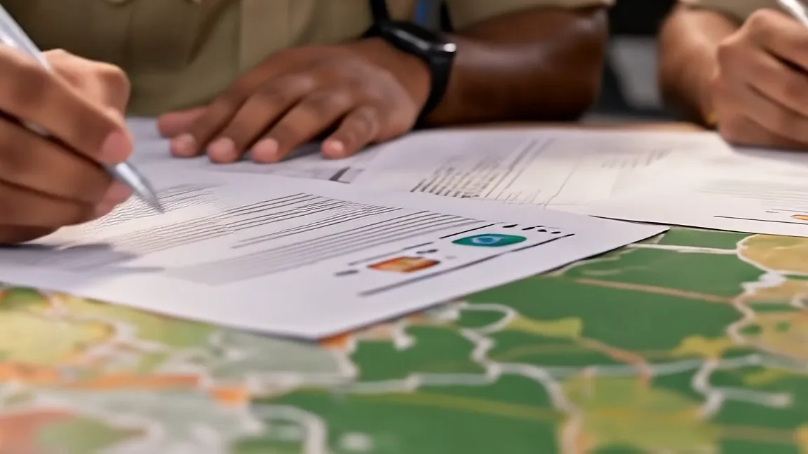 Printed project maps and notes spread across a review table